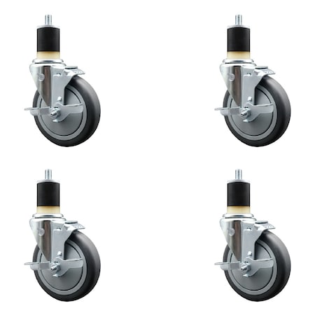 Service Caster 5'' SS Thermoplastic Rubber Swivel 1-7/8'' Expanding Stem Caster Set with Brake, 4PK SCC-SSEX20S514-TPRB-TLB-178-4